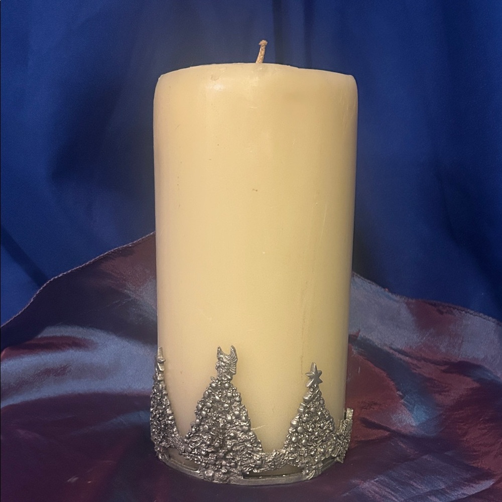 Elegant ivory Holiday Candle with Silver “Scents Accents” Pewter candle ring